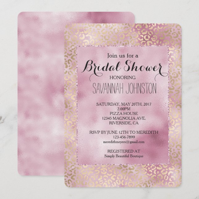 Invitation Douche nuptiale Empreinte de léopard Girly Pink Gl (Devant / Derrière)