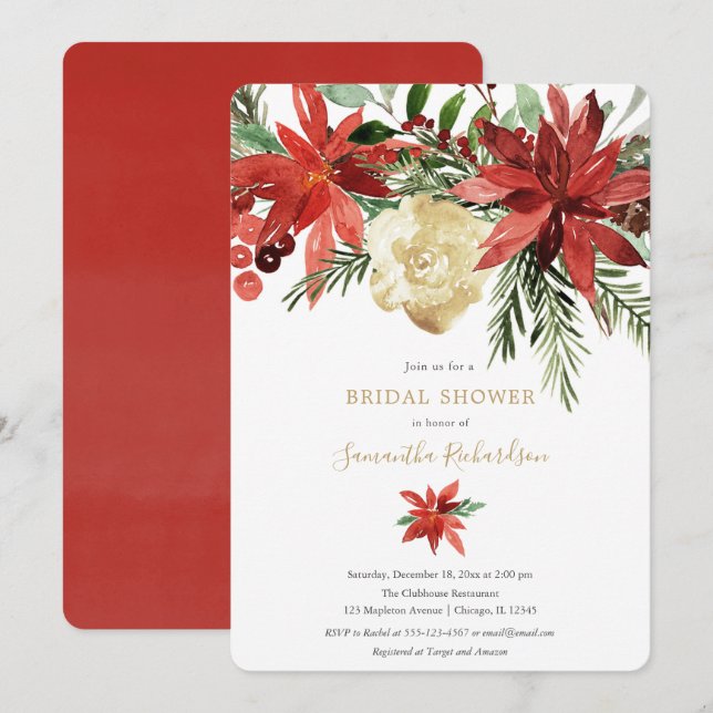 Invitation Douche-nuptiale en ivoire doré à fleurs de Noël (Devant / Derrière)