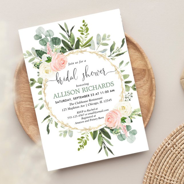 Invitation Douche nuptiale fleurie d'eucalyptus or rose vert (Créateur téléchargé)