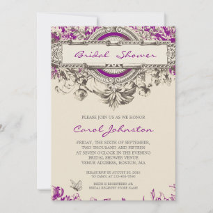 Invitation Douche nuptiale florale vintage grise pourpre