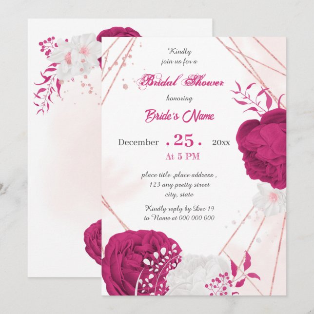 Invitation douche nuptiale fuchsia & blanche à fleurs géométr (Devant / Derrière)