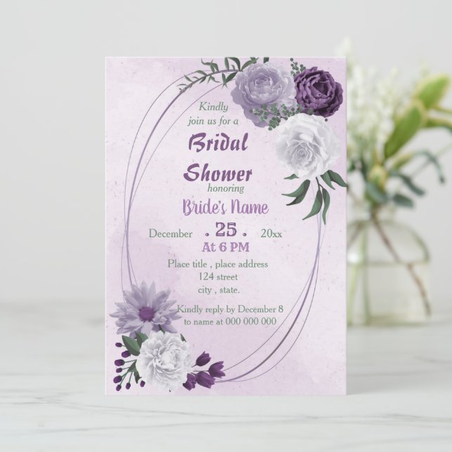 Invitation douche nuptiale géométrique fleurie violette et bl (Debout devant)