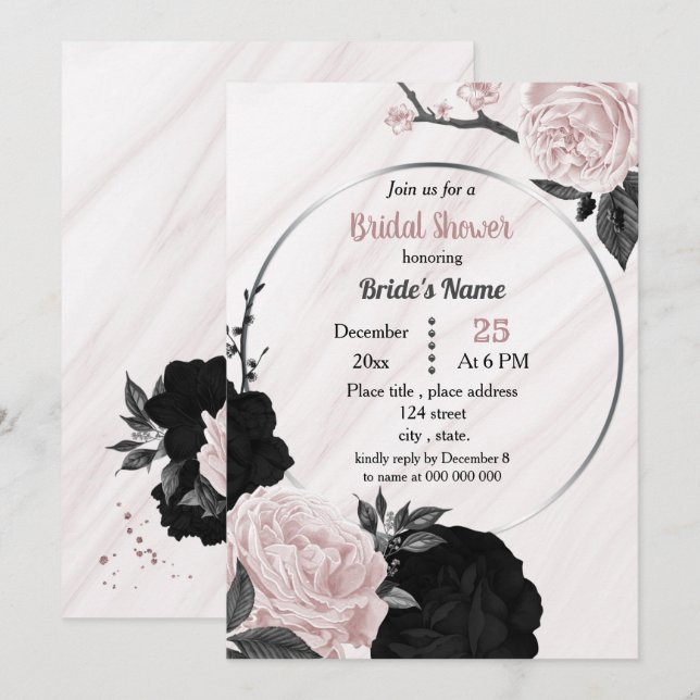 Invitation Douche nuptiale géométrique rose et noir (Devant / Derrière)