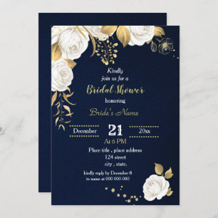 Invitation douche nuptiale marine à fleurs blanche et or