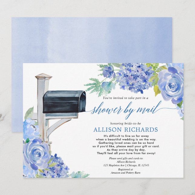 Invitation Douche nuptiale par courrier marine bleu blanc flo (Devant / Derrière)