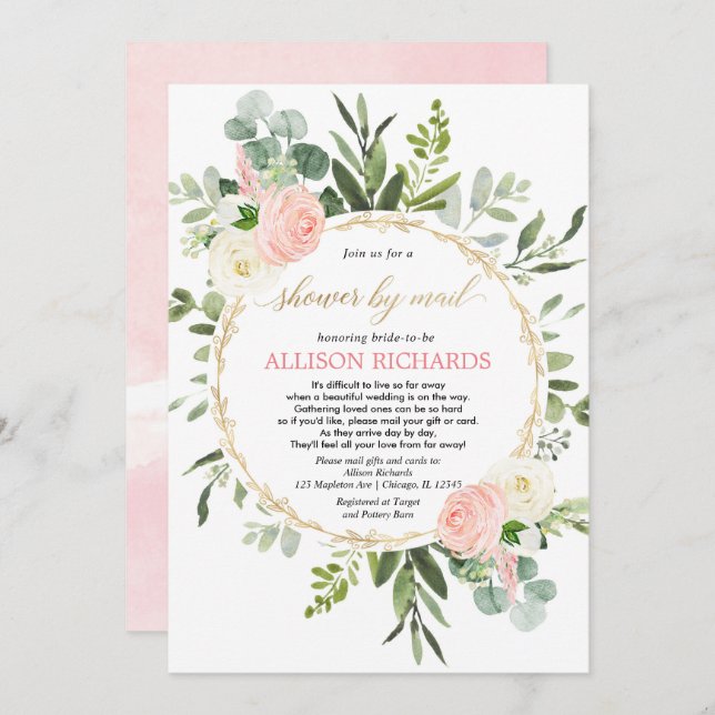 Invitation Douche nuptiale par mail rose or verdure élégante (Devant / Derrière)