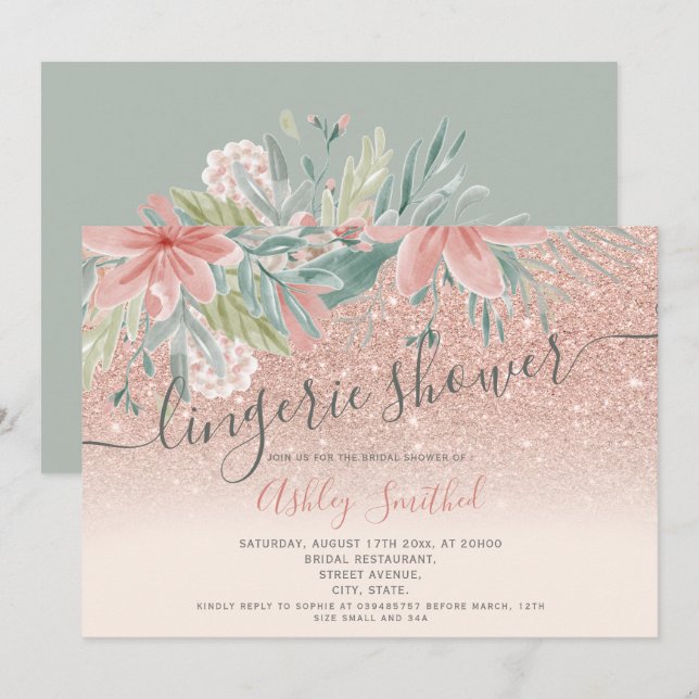 Invitation Douche nuptiale parties scintillant aquarelle flor (Devant / Derrière)