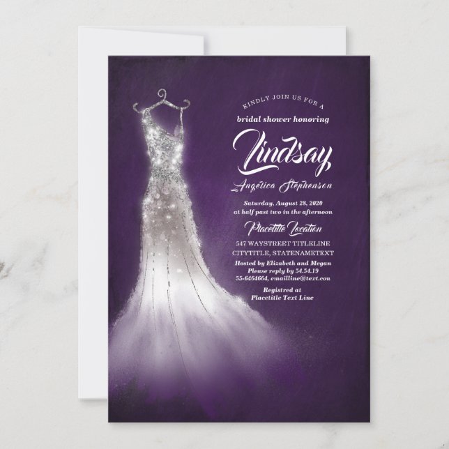 Invitation Douche nuptiale pourpre argentée de robe élégante (Devant)
