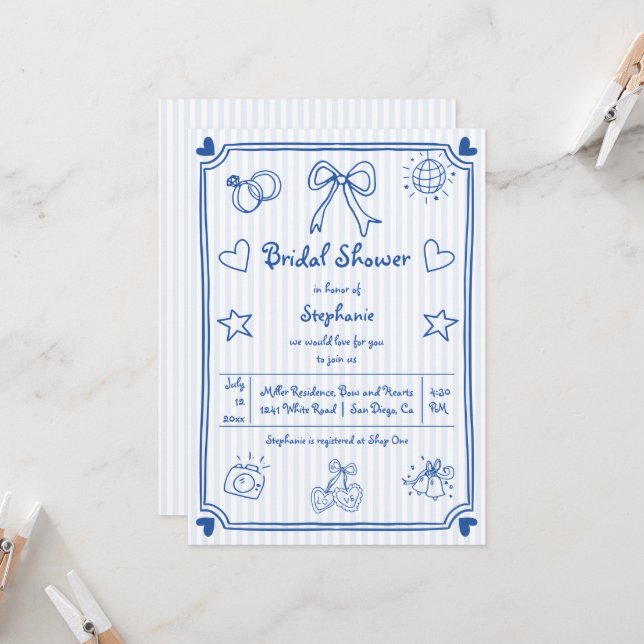 Invitation Douche nuptiale rayée bleue dessinée à la main (Devant/Arrière en situation)
