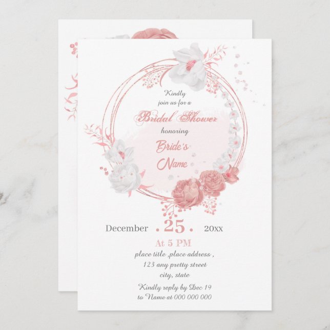 Invitation douche nuptiale rose & blanc à fleurs (Devant / Derrière)