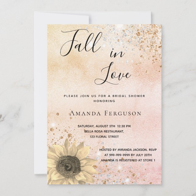 Invitation Douche nuptiale rose or tournesol rustique chute (Devant)