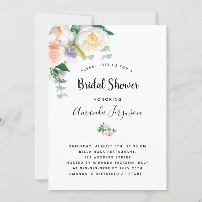 Invitation Douche nuptiale rose rose blanche (Devant)