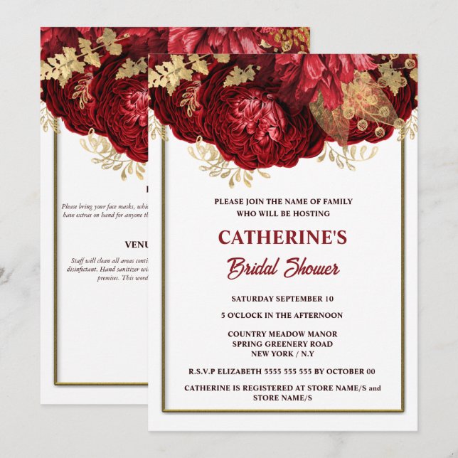 Invitation Douche nuptiale rouge or blanc rose (Devant / Derrière)