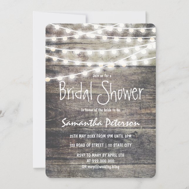 Invitation Douche nuptiale rustique de lumières en bois et de (Devant)