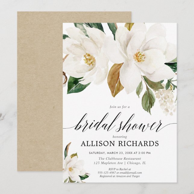 Invitation Douche nuptiale rustique florale de magnolia (Devant / Derrière)