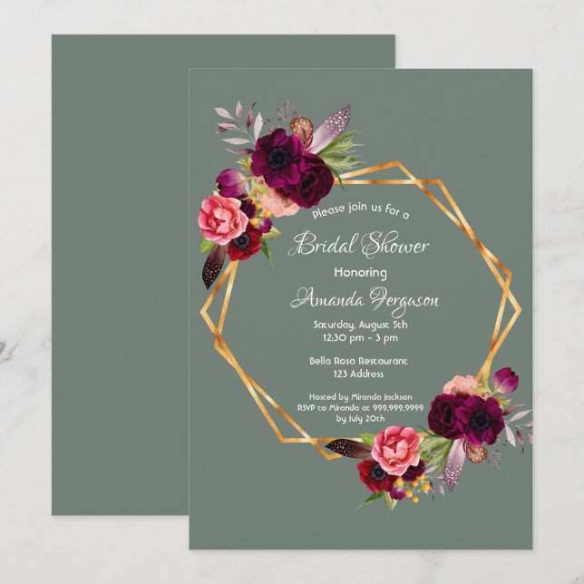 Invitation Douche nuptiale sauge vert floral géométrique bord (Devant / Derrière)