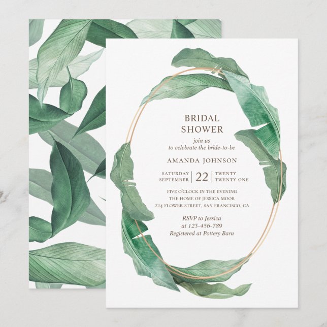 Invitation Douche nuptiale tropicale verte. Botanique élégant (Devant / Derrière)