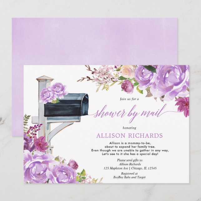 Invitation Douche par courrier baby shower de fille à fleurs  (Devant / Derrière)