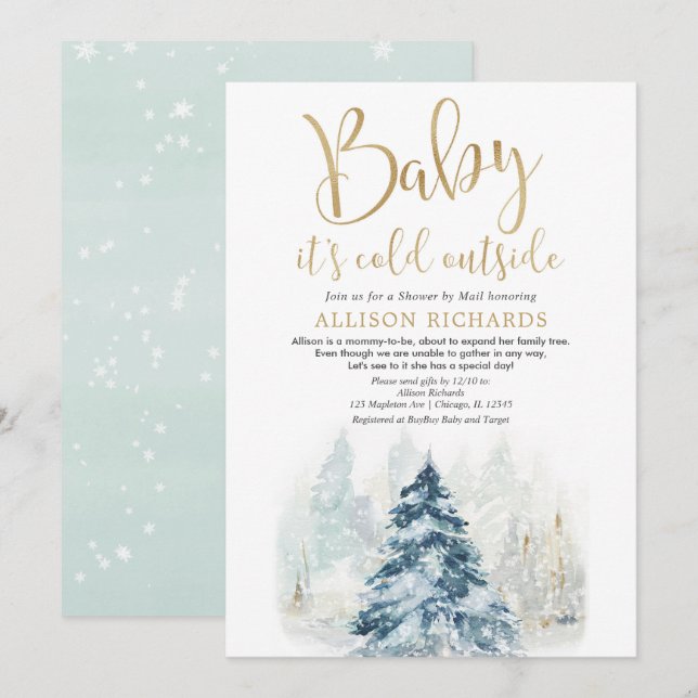 Invitation Douche par courrier baby shower d'hiver neutre pou (Devant / Derrière)
