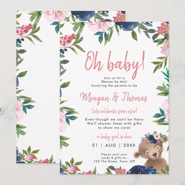 Invitation douche par courrier, baby shower rose (Devant / Derrière)