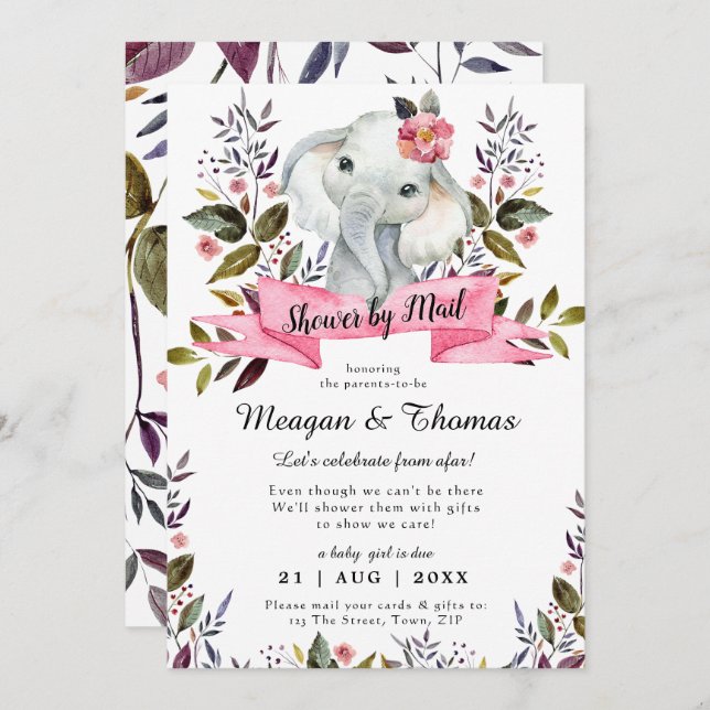 Invitation douche par courrier de baby shower rose éléphant l (Devant / Derrière)