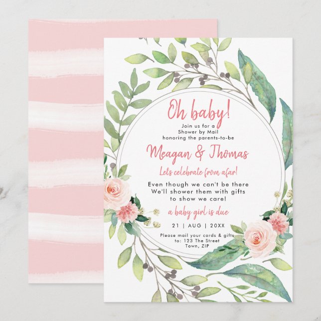 Invitation douche par courrier de baby shower rose lointain (Devant / Derrière)