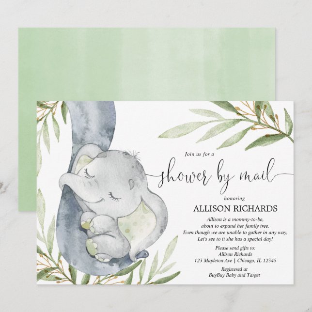 Invitation Douche par courrier, éléphant, baby shower sans di (Devant / Derrière)