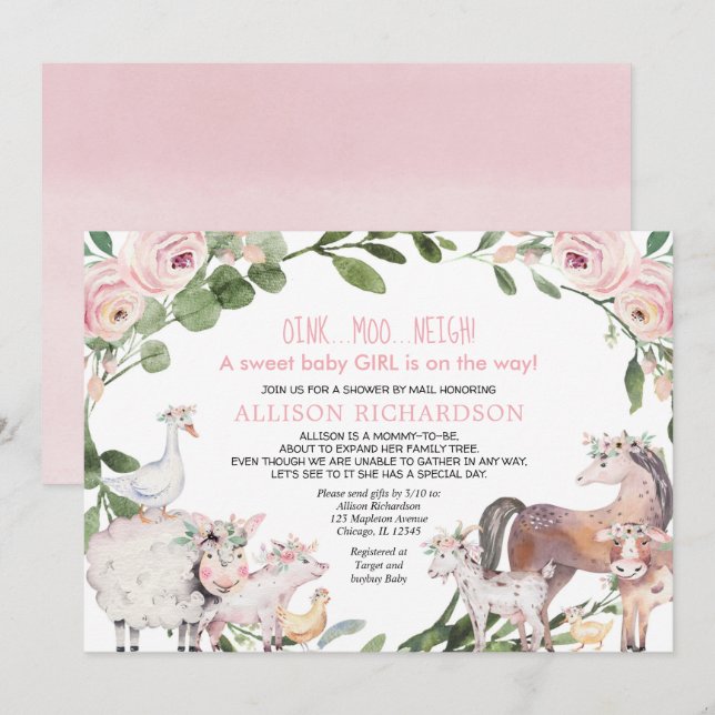 Invitation Douche par courrier Ferme Barnyard Bébée fille d'a (Devant / Derrière)