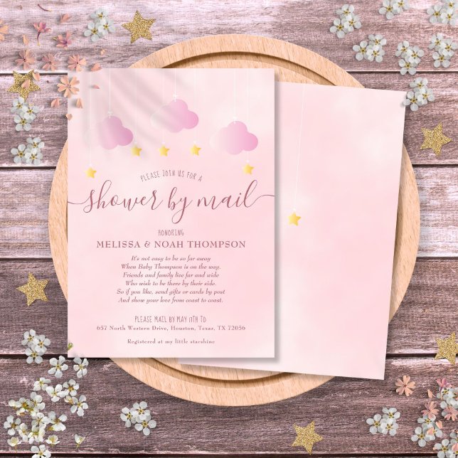 Invitation Douche par courrier longue distance douce rose béb (Shower By Mail Long Distance Soft Pink Baby Girl Invitation)