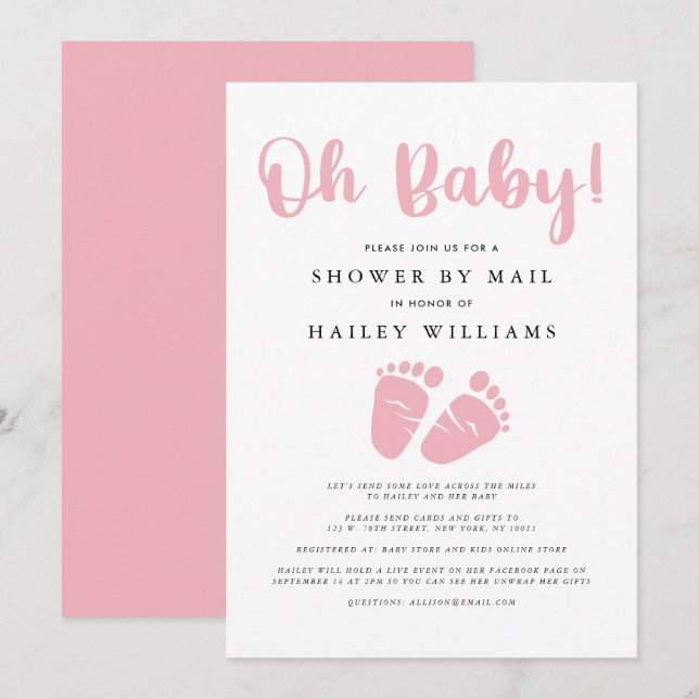 Invitation Douche par courrier| Oh Baby Girl Pink Baby Feed (Devant / Derrière)