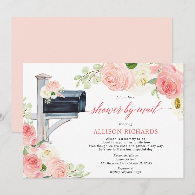 Invitation Douche par courrier rose pâle baby shower fille (Devant / Derrière)