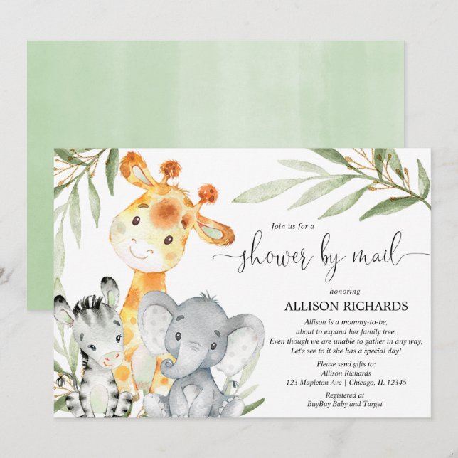 Invitation Douche par courrier Safari baby shower neutre genr (Devant / Derrière)