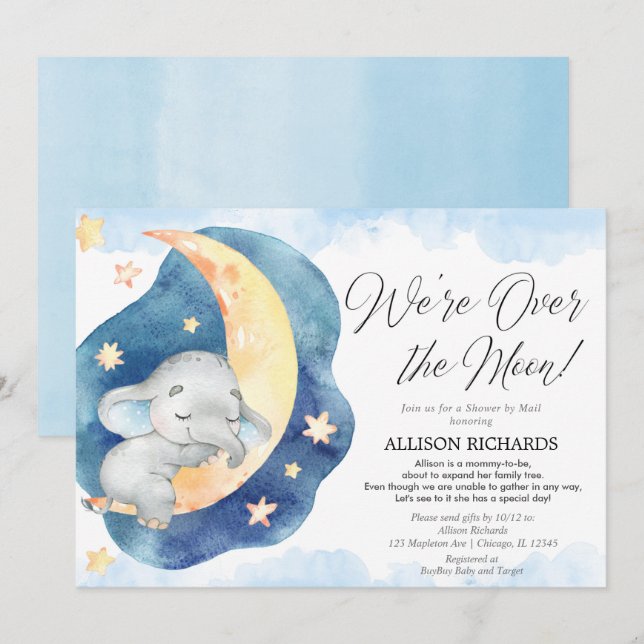 Invitation Douche par courrier sur le baby shower d'éléphant  (Devant / Derrière)