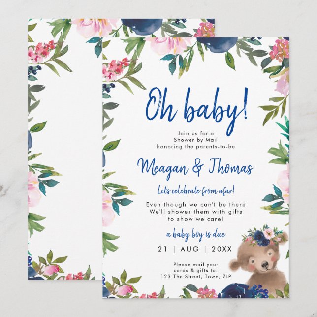 Invitation douche par la poste de l'ours lointain bleu baby s (Devant / Derrière)
