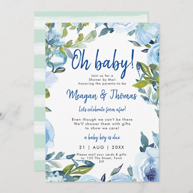 Invitation douche par mail à partir de baby shower bleu loint (Devant / Derrière)