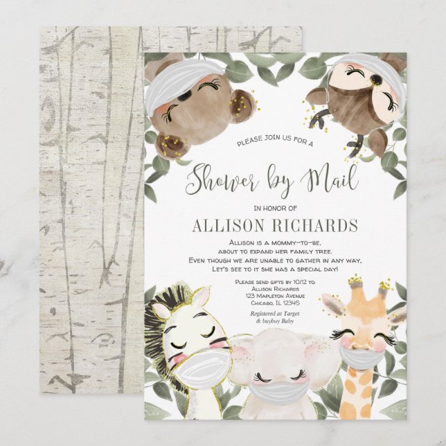 Invitation Douche par Mail animaux mignons avec baby shower d (Devant / Derrière)