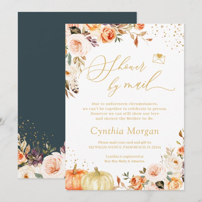 Invitation Douche Par Mail Automne Or Floral Boho Chic (Devant / Derrière)