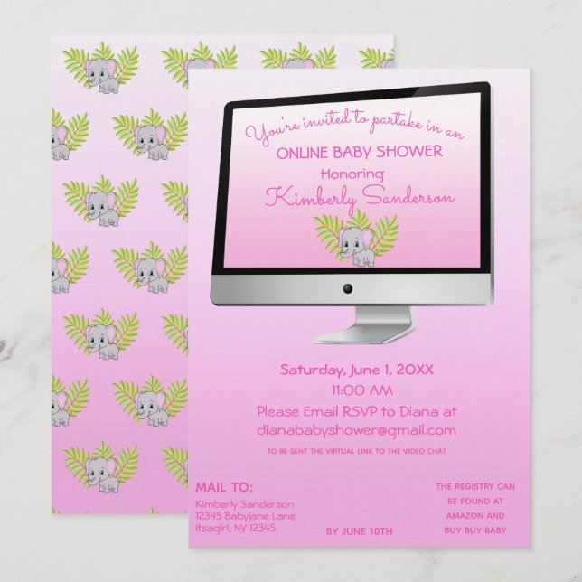 Invitation Douche Par Mail Bébé Fille Rose en ligne (Devant / Derrière)