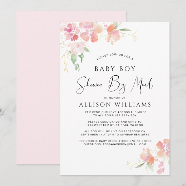 Invitation Douche Par Mail Floral Rose Aquarelle Bébé Garçon (Devant / Derrière)