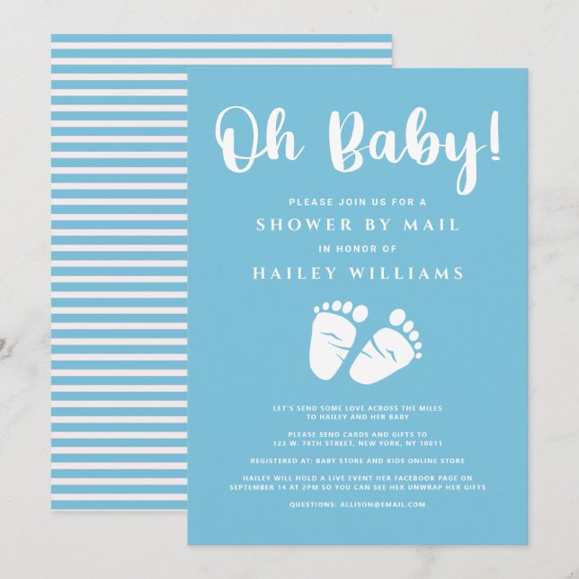 Invitation Douche par Mail Oh Baby Boy Feet Bleu Blanc (Devant / Derrière)
