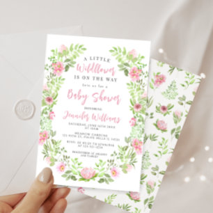 Invitation Douche petite fille fleur sauvage rose pâle verte