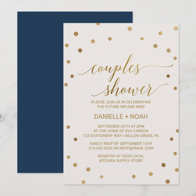 Invitation Douche Pois Gold Couples (Devant / Derrière)