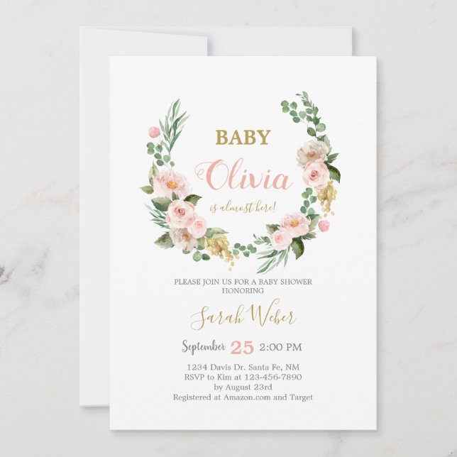 Invitation Douche pour bébé à couronne de fleurs roses (Devant)