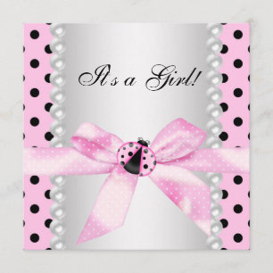 Invitation Douche pour bébé perles roses noires Ladybug