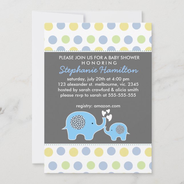 Invitation Douche pour bébé pois à éléphant personnalisé (Devant)