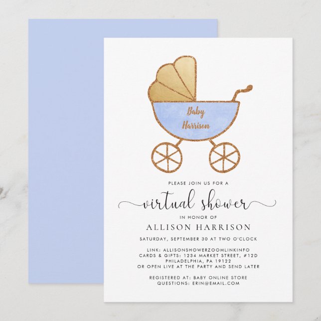 Invitation Douche pour bébé virtuelle Bleu de transport rétro (Devant / Derrière)