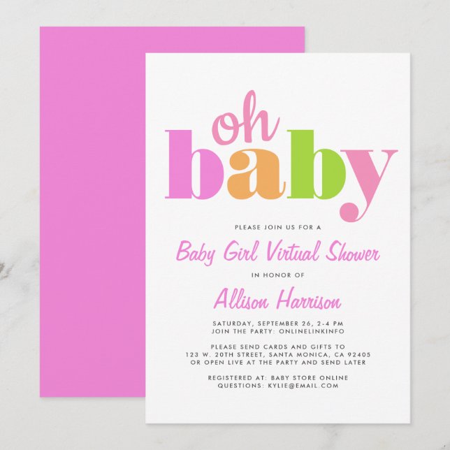 Invitation Douche pour bébé virtuelle Oh Baby Bright Pink (Devant / Derrière)