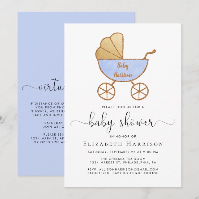 Invitation Douche pour bébés avec option bleue virtuelle (Devant / Derrière)