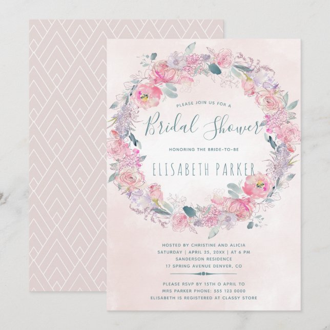 Invitation Douche romantique à fleurs rose rousse (Devant / Derrière)