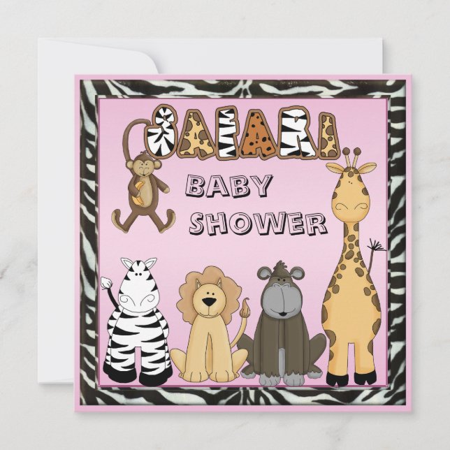 Invitation Douche rose de bébé d'animaux mignons de safari (Devant)